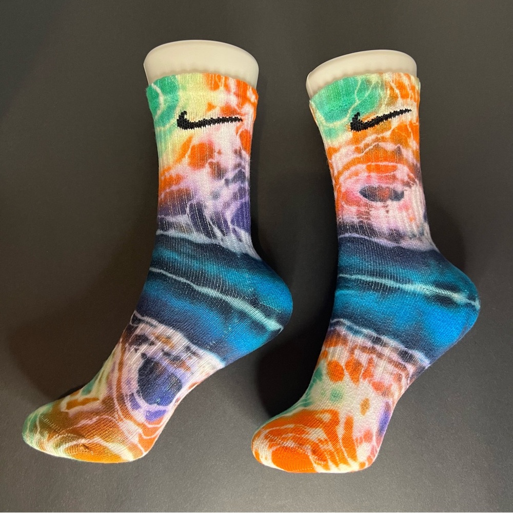 Custom Handmade Blue / Purple /Orange Pink split marble Tie-Dye NIKE Crew Socks - Picture 3 of 7